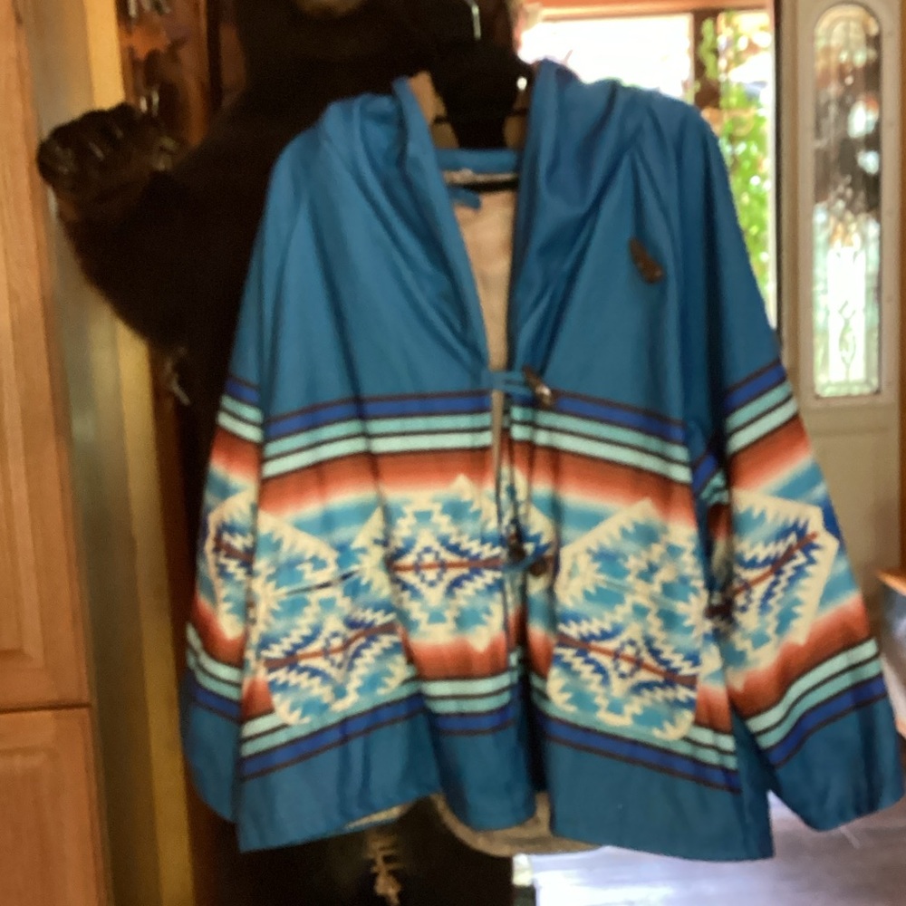 Hooded Aztec-Print Jacket in Teal Blue